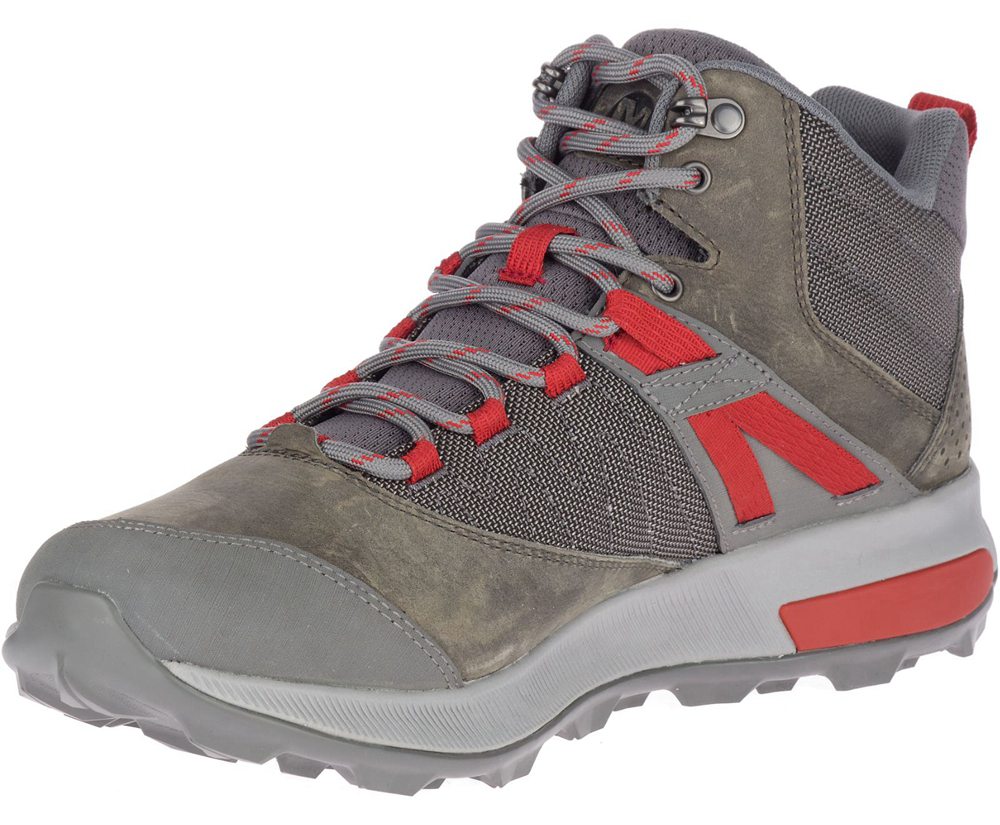 Merrell Hiking Boots Grey/Red - Zion Mid Waterproof - Mens 81OQVDBYX